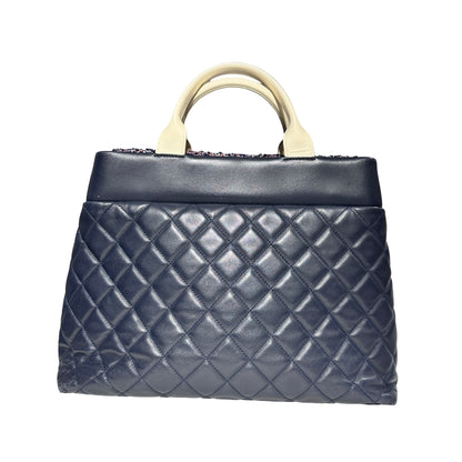 Used CHANEL Lambskin Leather Tweed Airlines Portobello Two Way Shoulder Bag Blue White PHW