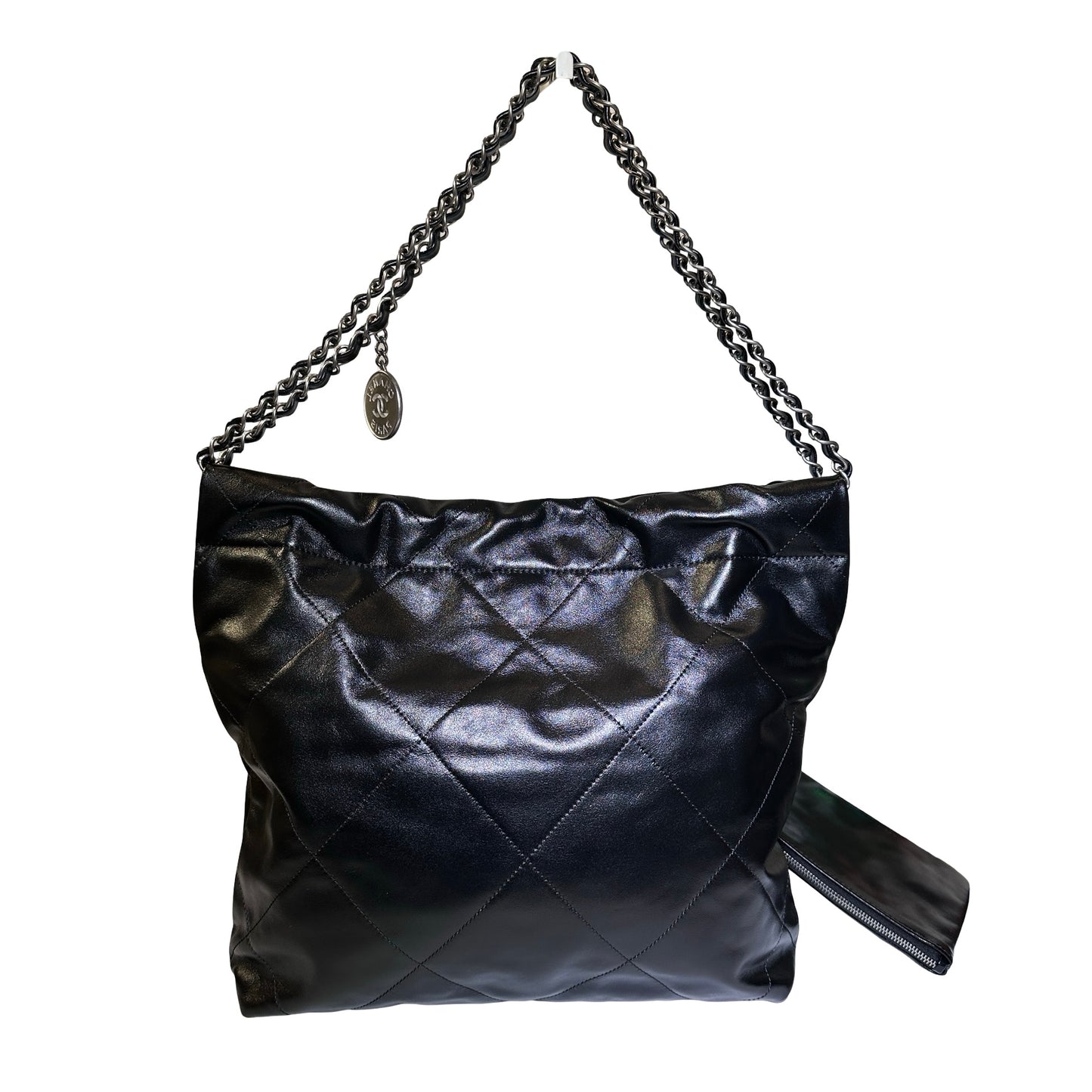 Used Chanel Shiny Calfskin 22 Hobo Bag Black PHW