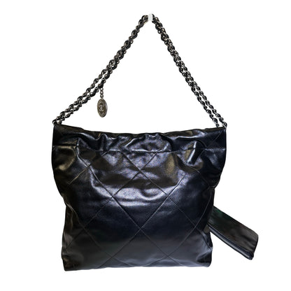 Used Chanel Shiny Calfskin 22 Hobo Bag Black PHW