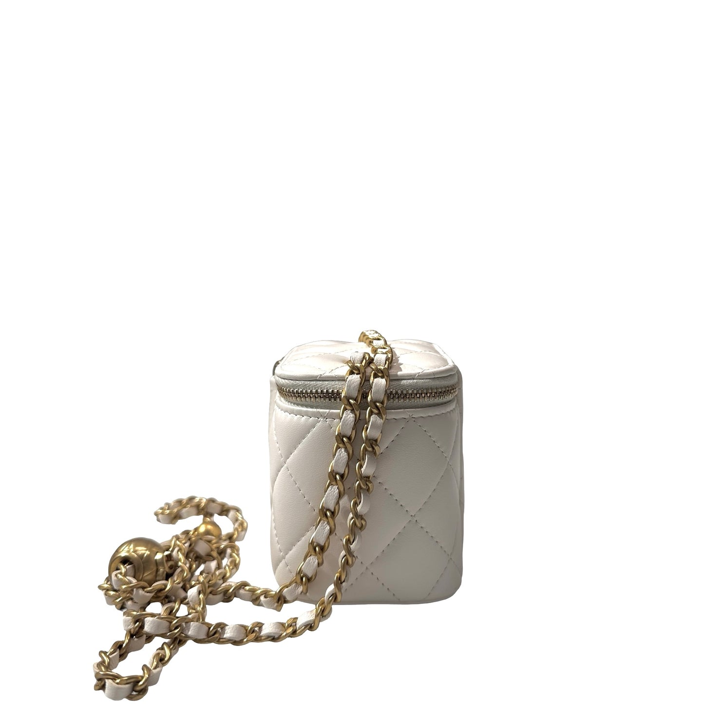 Used CHANEL Lambskin Leather Vanity Case with Gold Ball Cross Body Bag White GHW