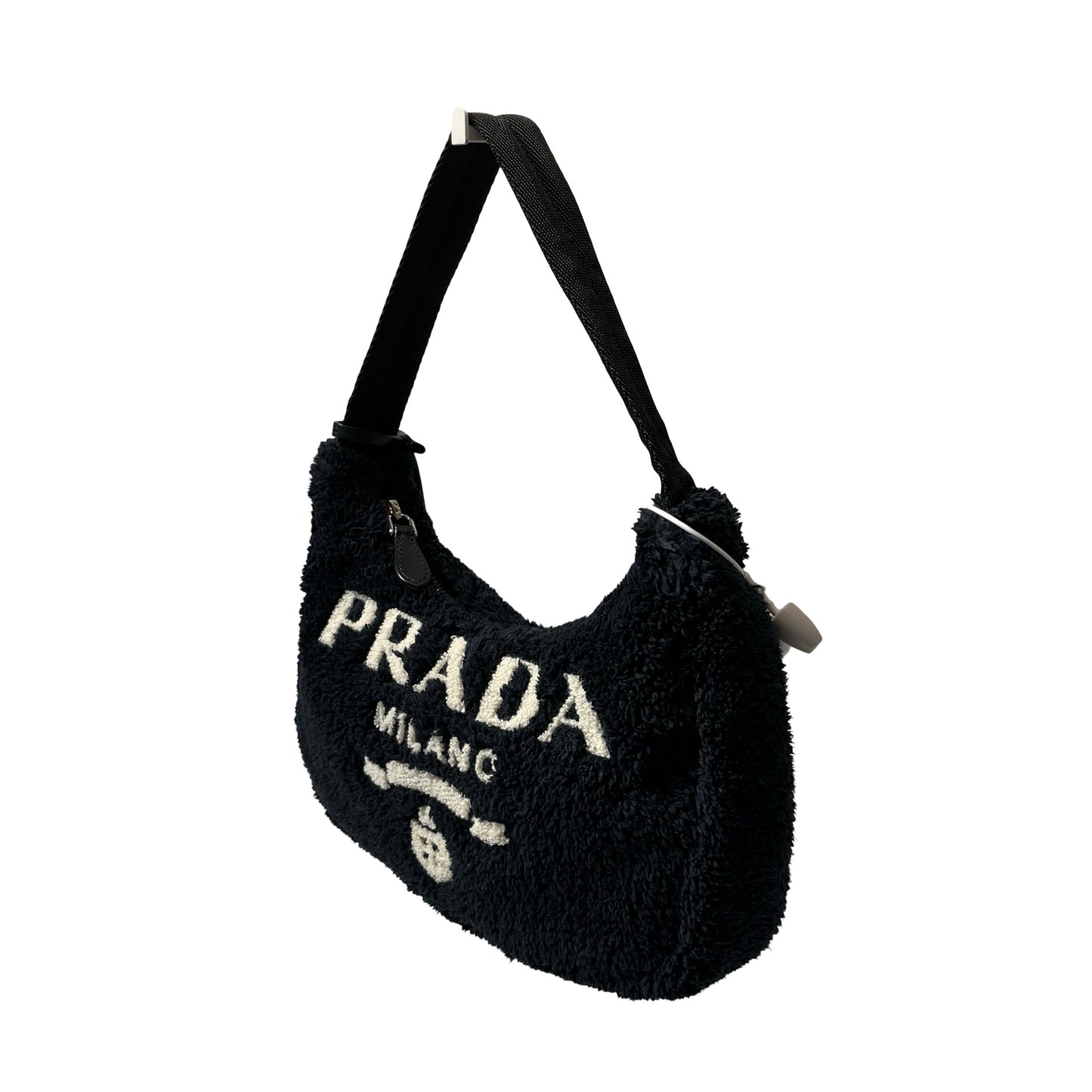 Used PRADA TERRY MINI HOBO Shoulder Bag Black White PHW