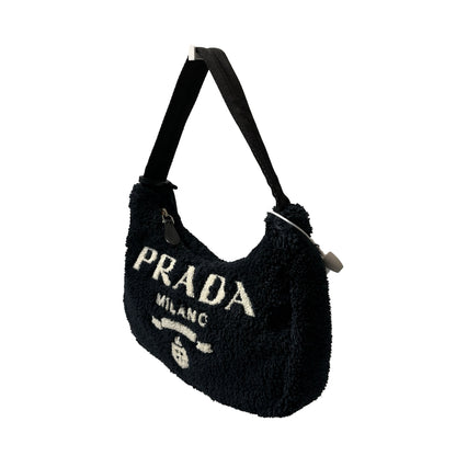 Used PRADA TERRY MINI HOBO Shoulder Bag Black White PHW