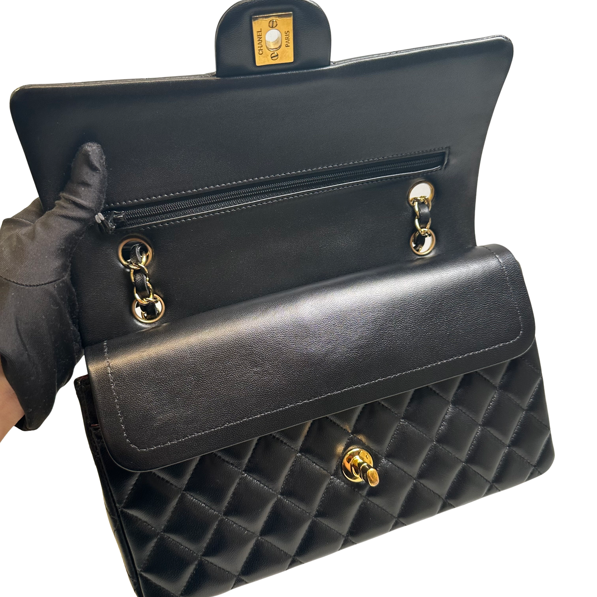 Used CHANEL Quilted Lambskin Classic Flap Chain Shoulder Bag Black Gold