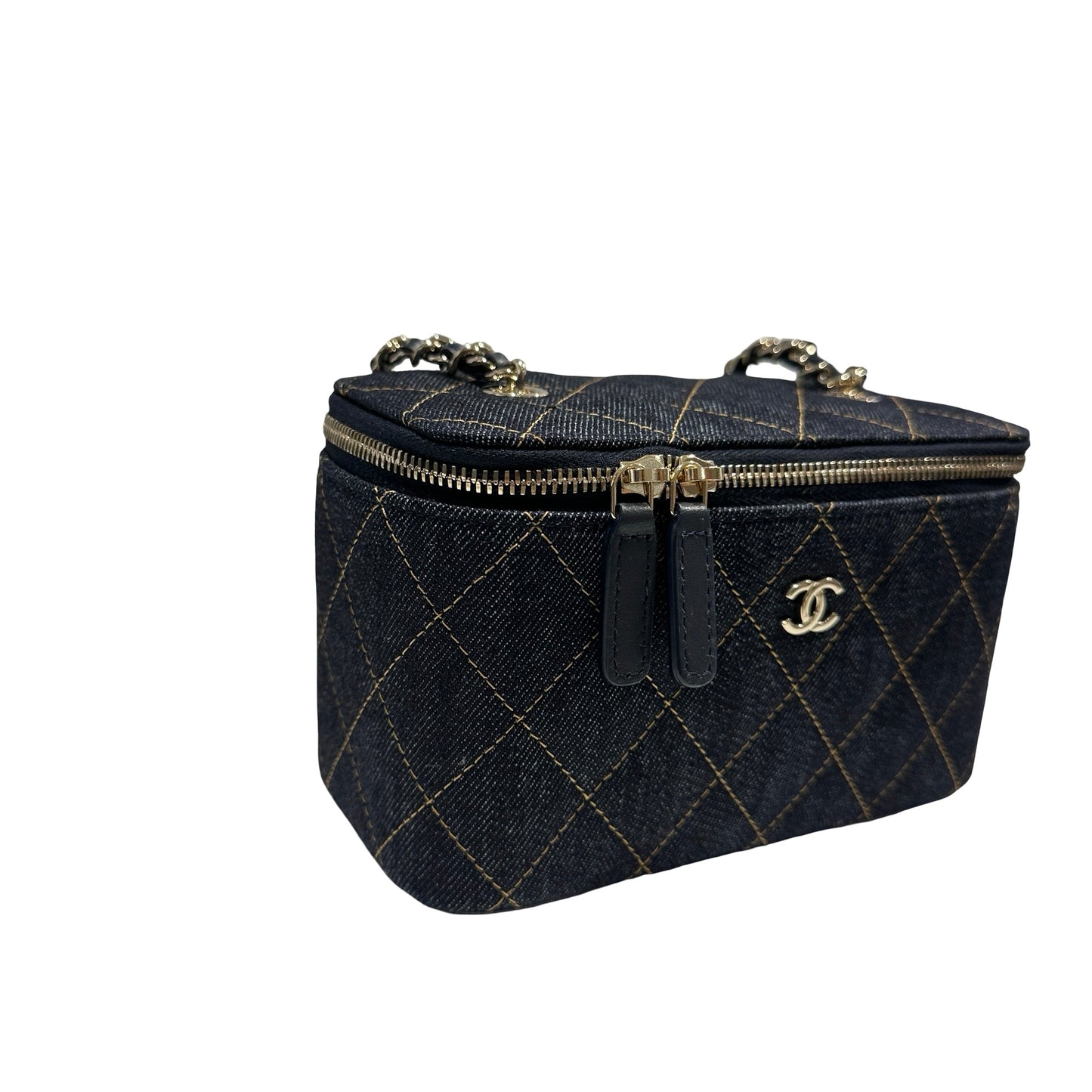 Used CHANEL Quilted Denim Vanity Case Vanity case Navy blue