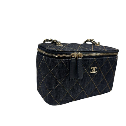 Used CHANEL Quilted Denim Vanity Case Vanity case Navy blue