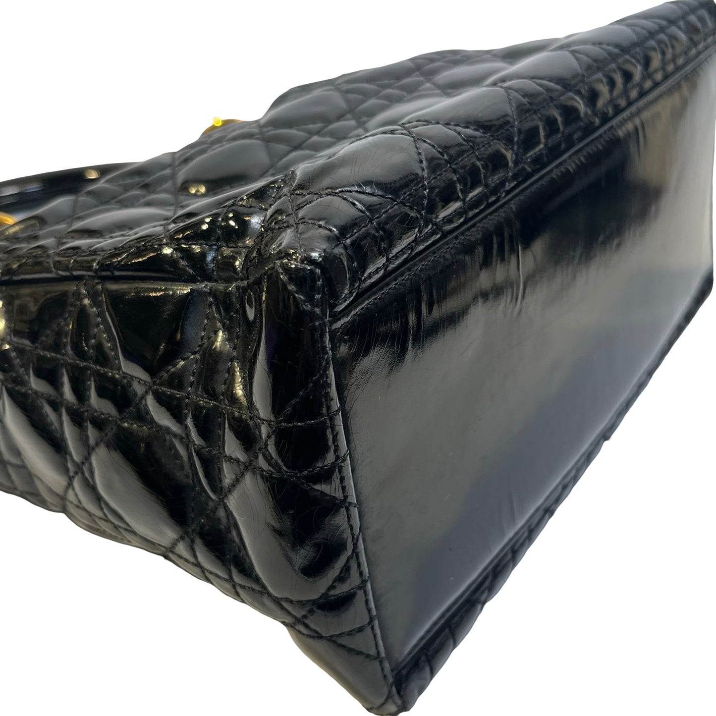 Used DIOR Cannage Patent Leather Lady Dior Handbag Black Gold
