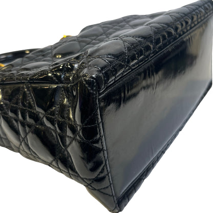 Used DIOR Cannage Patent Leather Lady Dior Handbag Black Gold