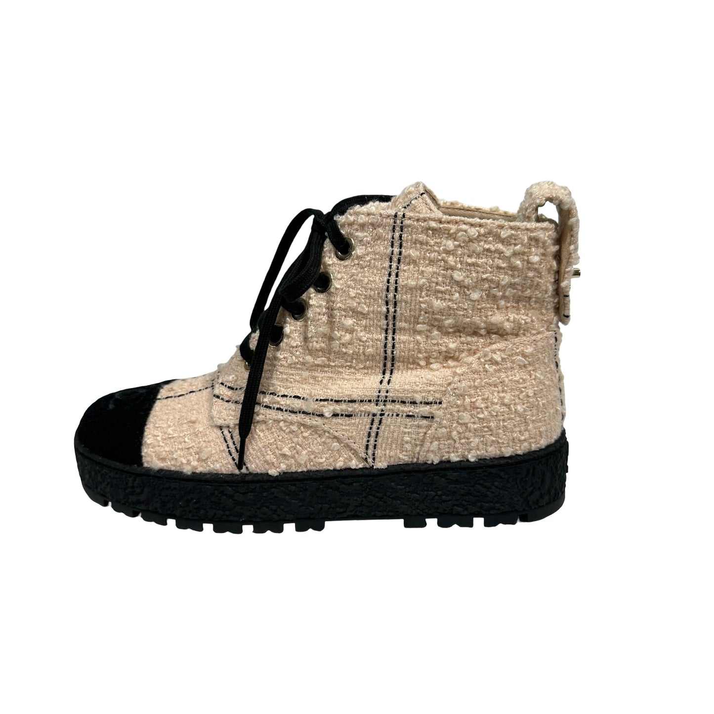 Used CHANEL Tweed High-top Sneakers Shoes Beige Black GHW
