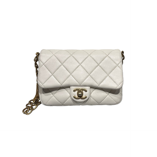 Used Chanel Flap 20cm Chain Shoulder Bag White GHW
