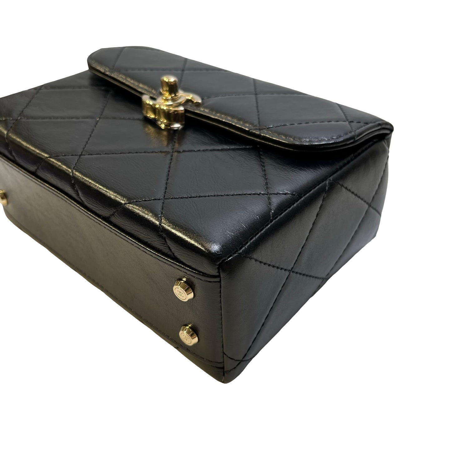 Used CHANEL Quilted Lambskin Mini flap bag with top handle Mini Bag Black Gold tone hardware