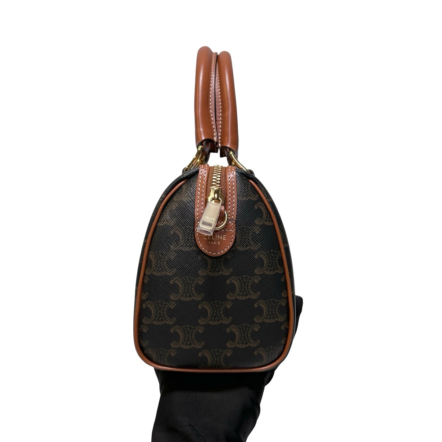 Used CÉLINE Calfskin Leather TRIOMPHE Canvas Boston small Shoulder Bag Brown GHW