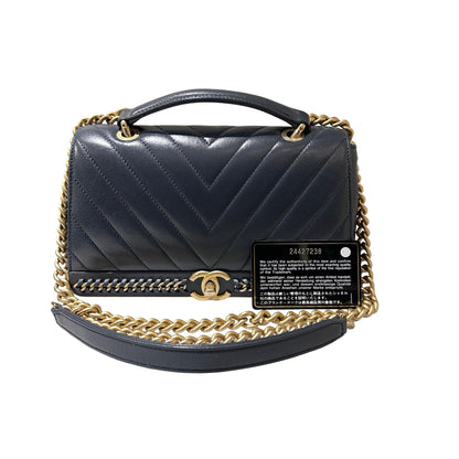 Used CHANEL Sheep Skin Chevron Top Handle Chain Shoulder Bag Navy GHW