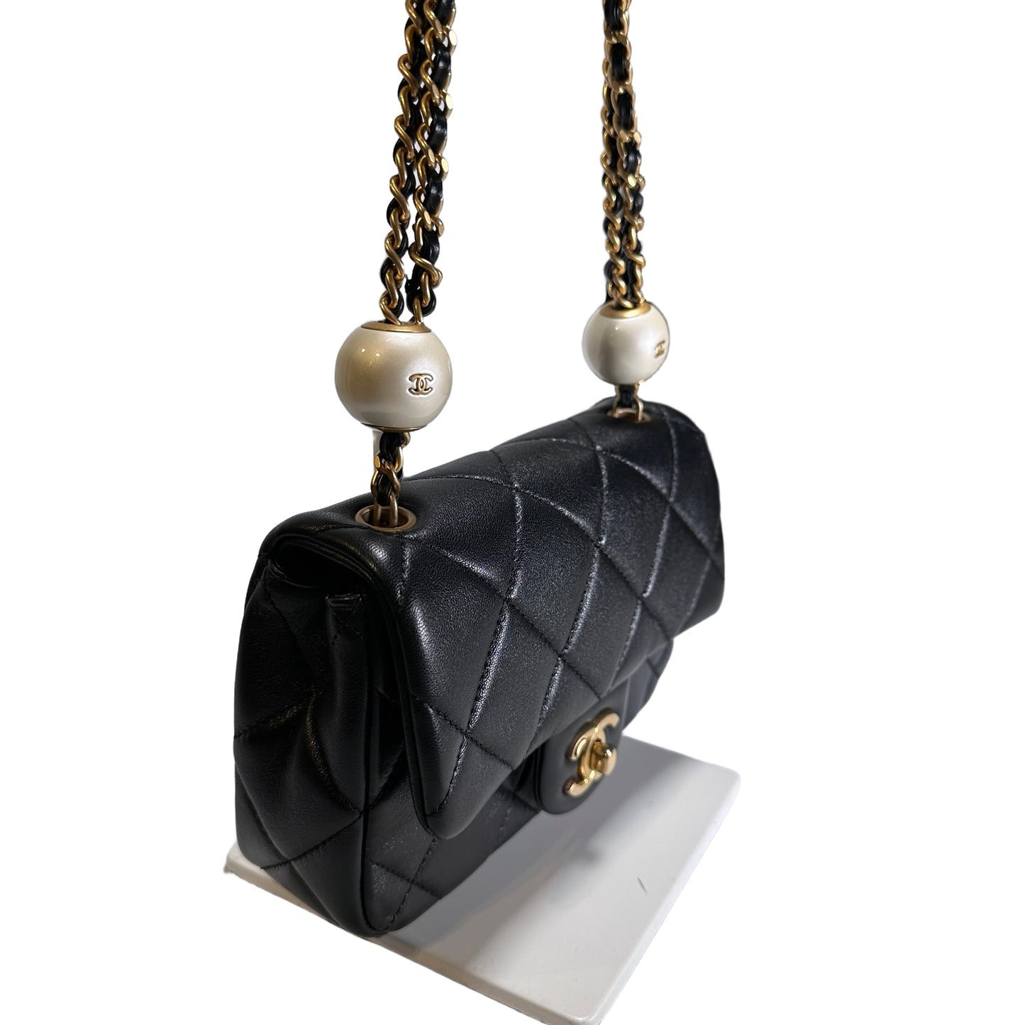 Used CHANEL Lambskin Quilted Mini Flap Bag Pearl Crush Mini Flag Bag with Gold Ball Black Gold