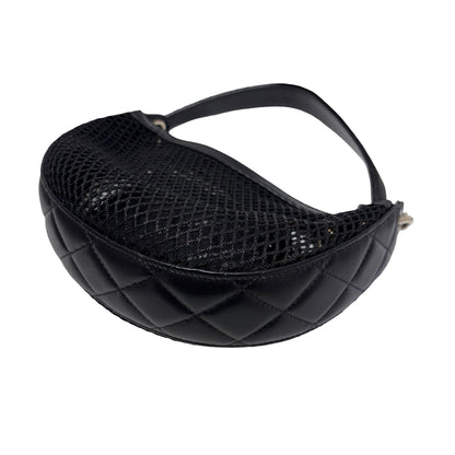 Used CHANEL Mesh 25S Half Moon Clutch Chain Shoulder Bag Black
