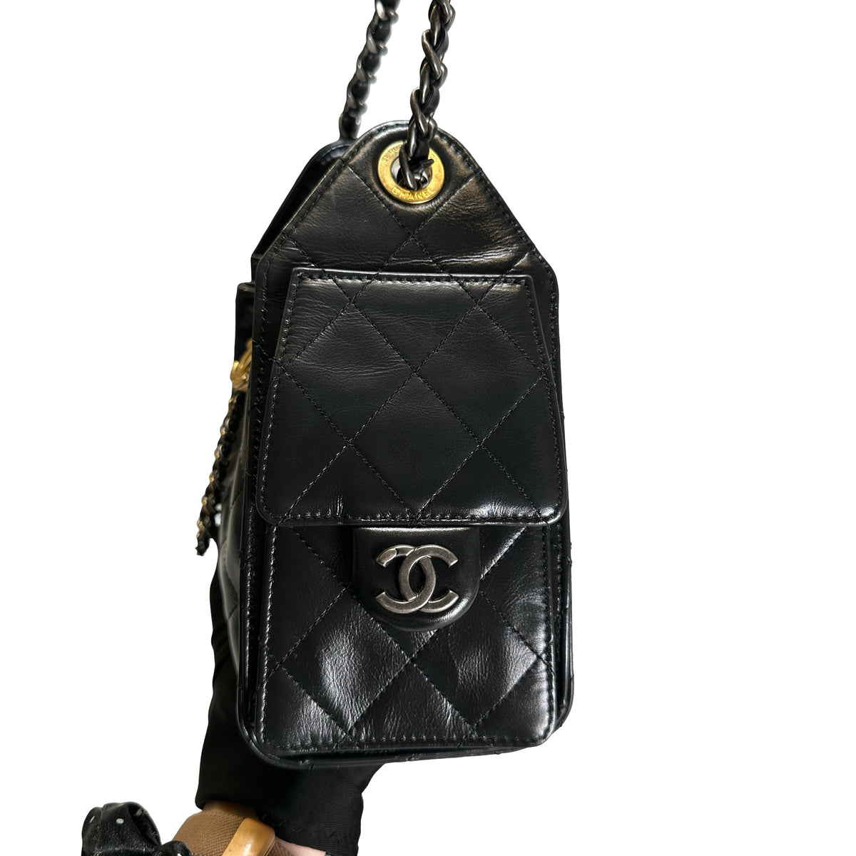Used CHANEL Quilted Leather Chanel 25 Mini Handbag Black Gold