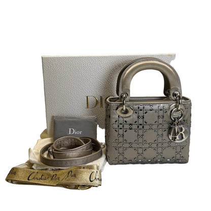 DIOR Cannage Studded Lady Dior Handbag Grey Silver