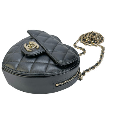 Used CHANEL Quilted Lambskin Heart Bag Mini Bag Black Gold