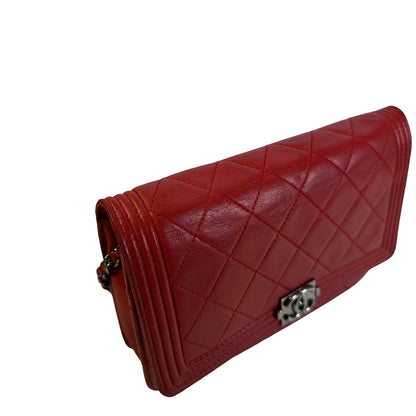 Used CHANEL Quilted Lambskin Boy Wallet on chain Red