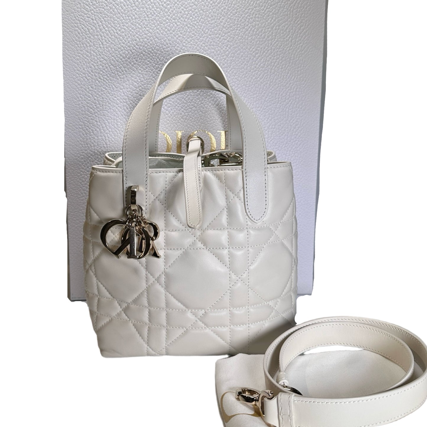 Used DIOR Lambskin Toujours Basket Bag White GHW