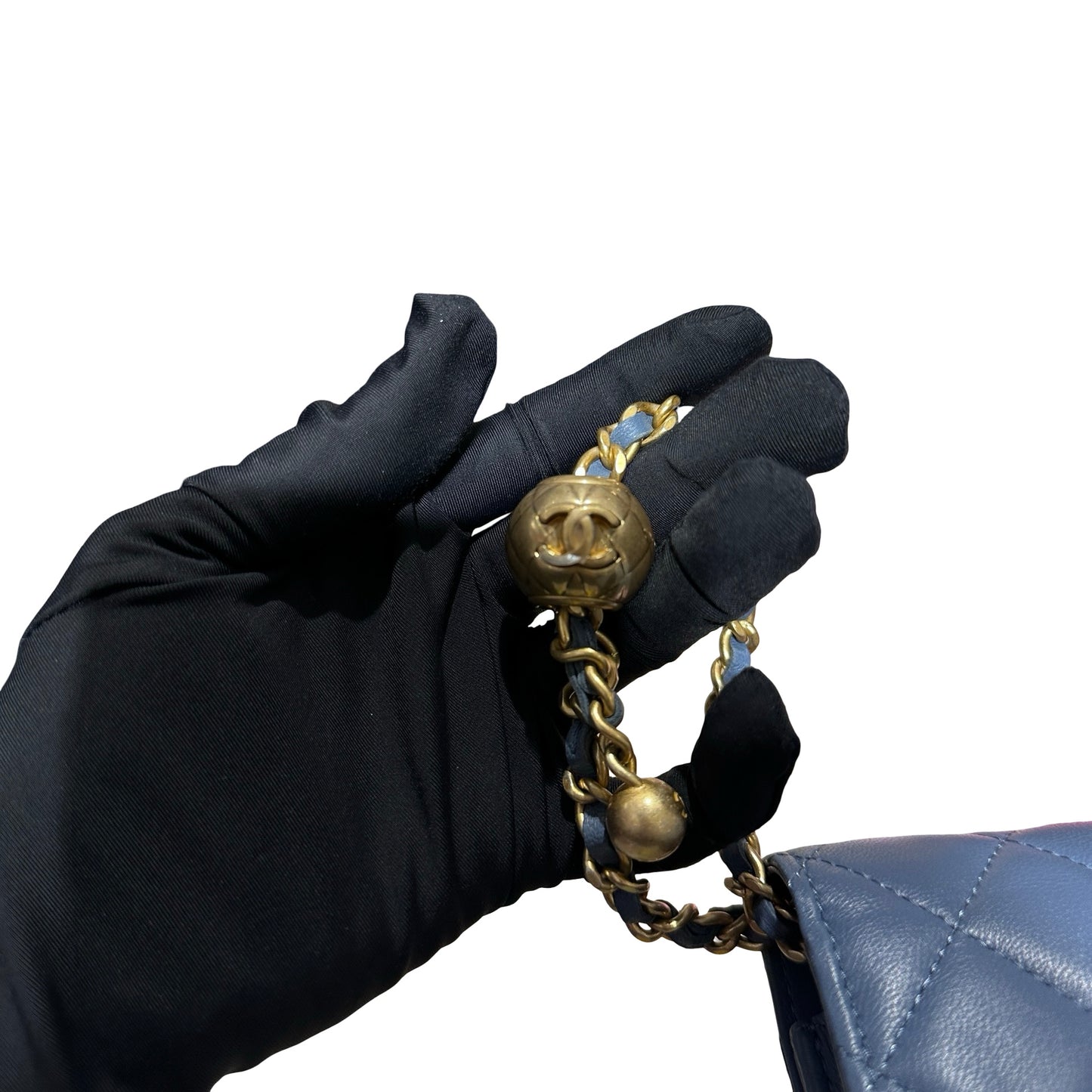 Used Chanel Mini Flap with Gold Ball Cross Body Bag Blue GHW