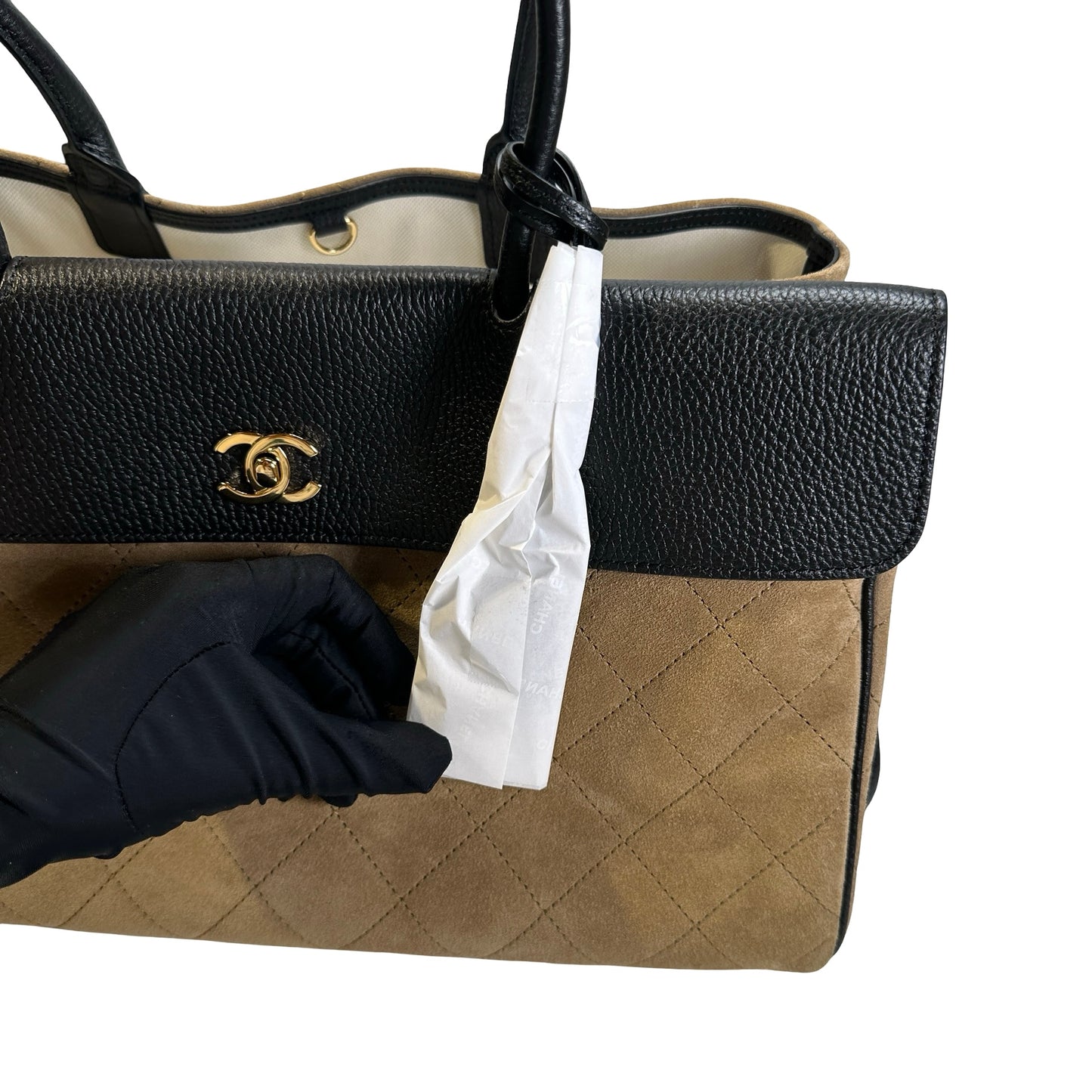 Brand New CHANEL Quilted Suede Caviar Deauville Tote Bag Beige Black Gold