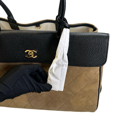 Brand New CHANEL Quilted Suede Caviar Deauville Tote Bag Beige Black Gold