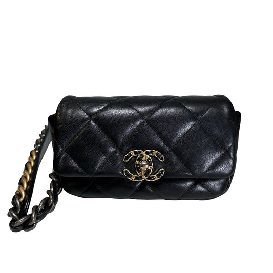 Used CHANEL Lambskin Quilted Chanel 19 Belt bag Black GHW