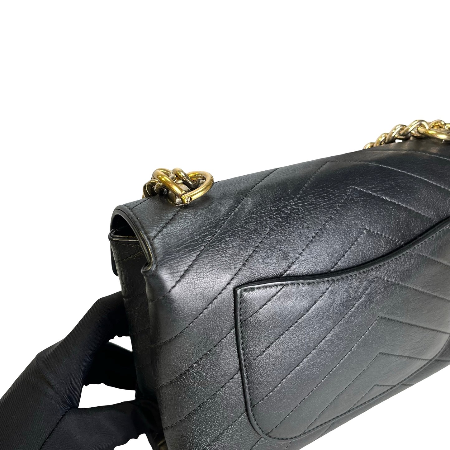 Used CHANEL Calf skin Chevron Top Handle Bag Shoulder Bag Black GHW