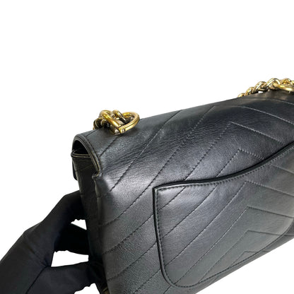 Used CHANEL Calf skin Chevron Top Handle Bag Shoulder Bag Black GHW