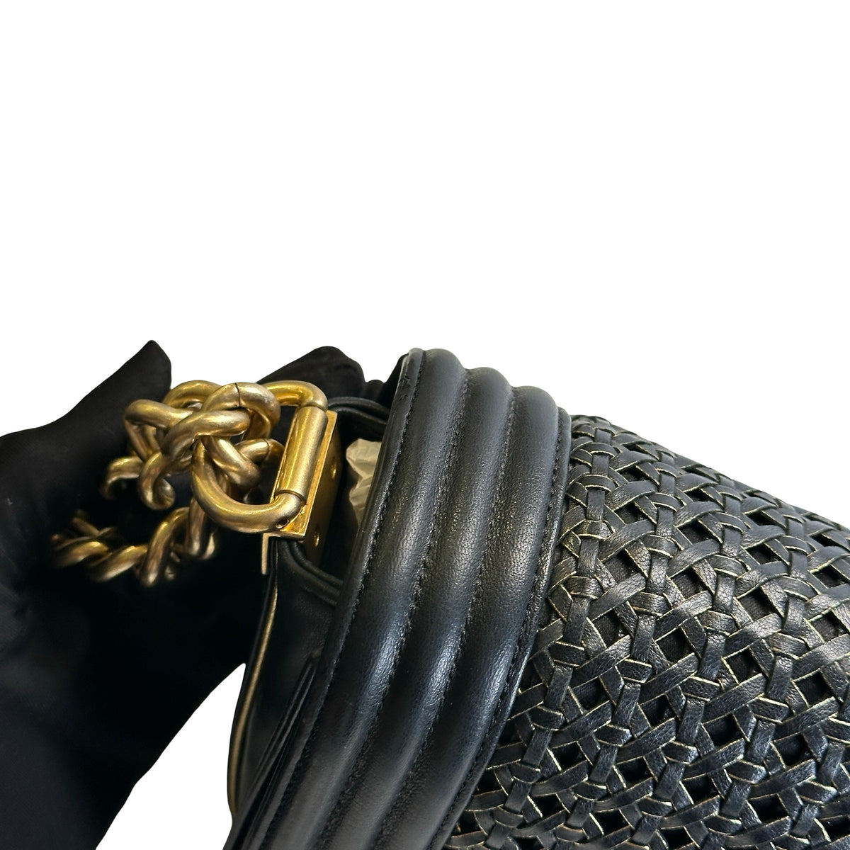 Used CHANEL Woven Leather Boy Chain Shoulder Bag Black Gold