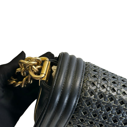 Used CHANEL Woven Leather Boy Chain Shoulder Bag Black Gold