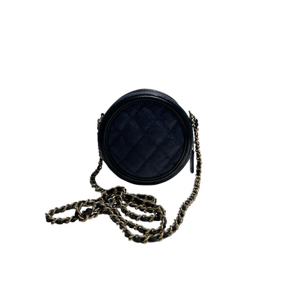 Used CHANEL Round Clutch with Chain Chain Shoulder Bag Navy Blue GHW