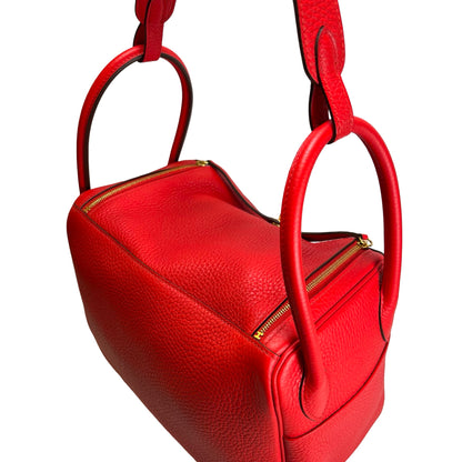 Used HERMES Clemence Lindy Handbag Red