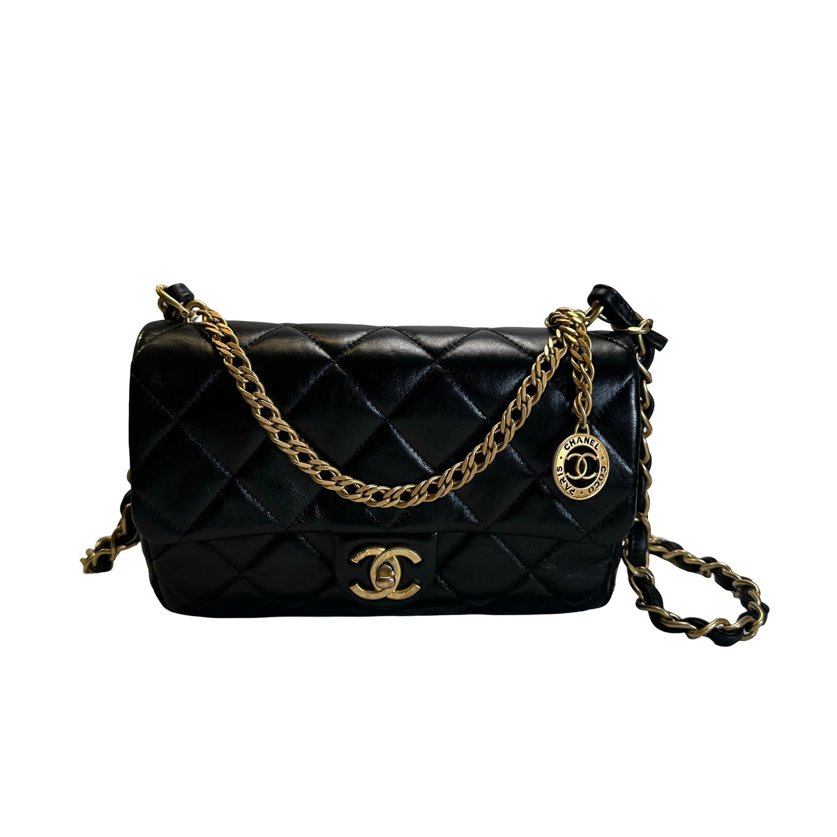 Used CHANEL Quilted Leather Classic Flap Chain shoulder bag Black Gold