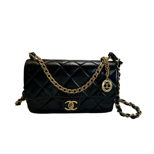 Used CHANEL Quilted Leather Classic Flap Chain shoulder bag Black Gold