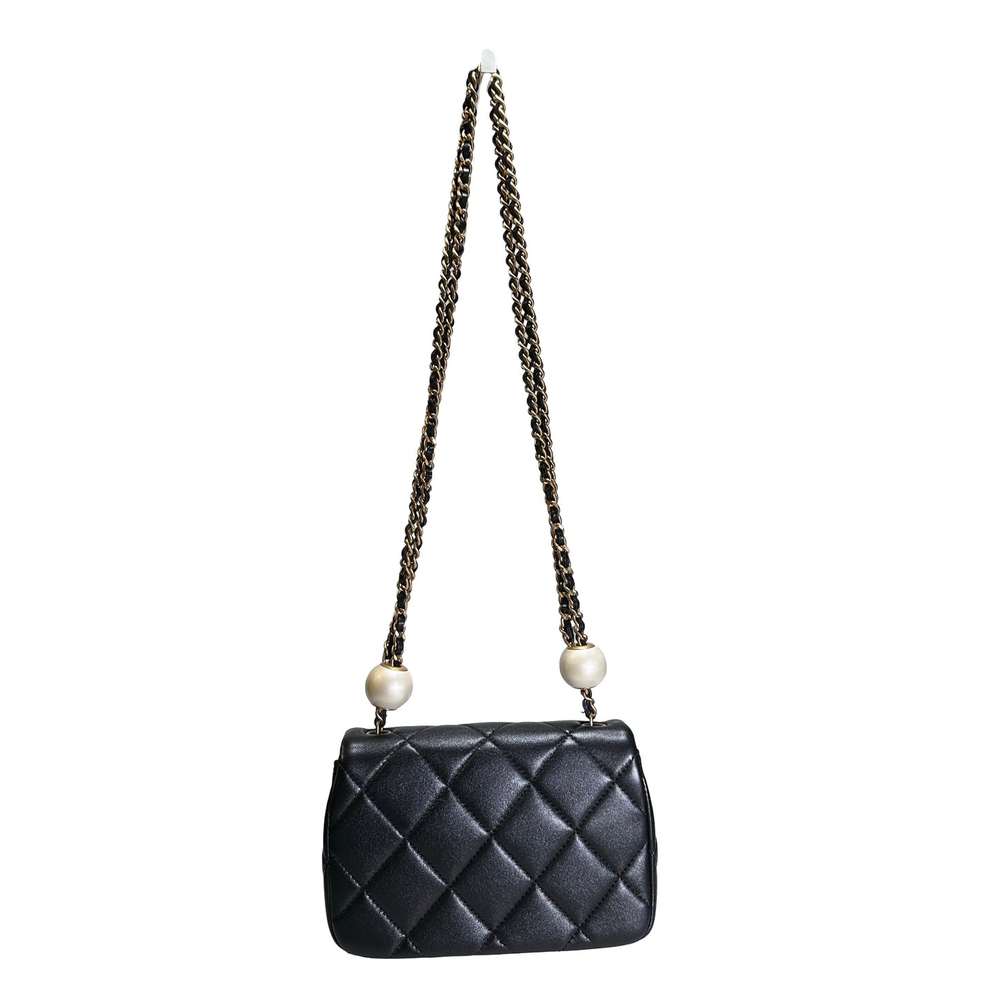 Used CHANEL Lambskin Quilted Mini Flap Bag Pearl Crush Mini Flag Bag with Gold Ball Black Gold