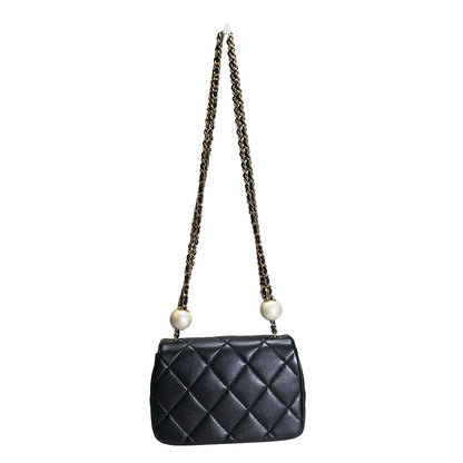 Used CHANEL Lambskin Quilted Mini Flap Bag Pearl Crush Mini Flag Bag with Gold Ball Black Gold