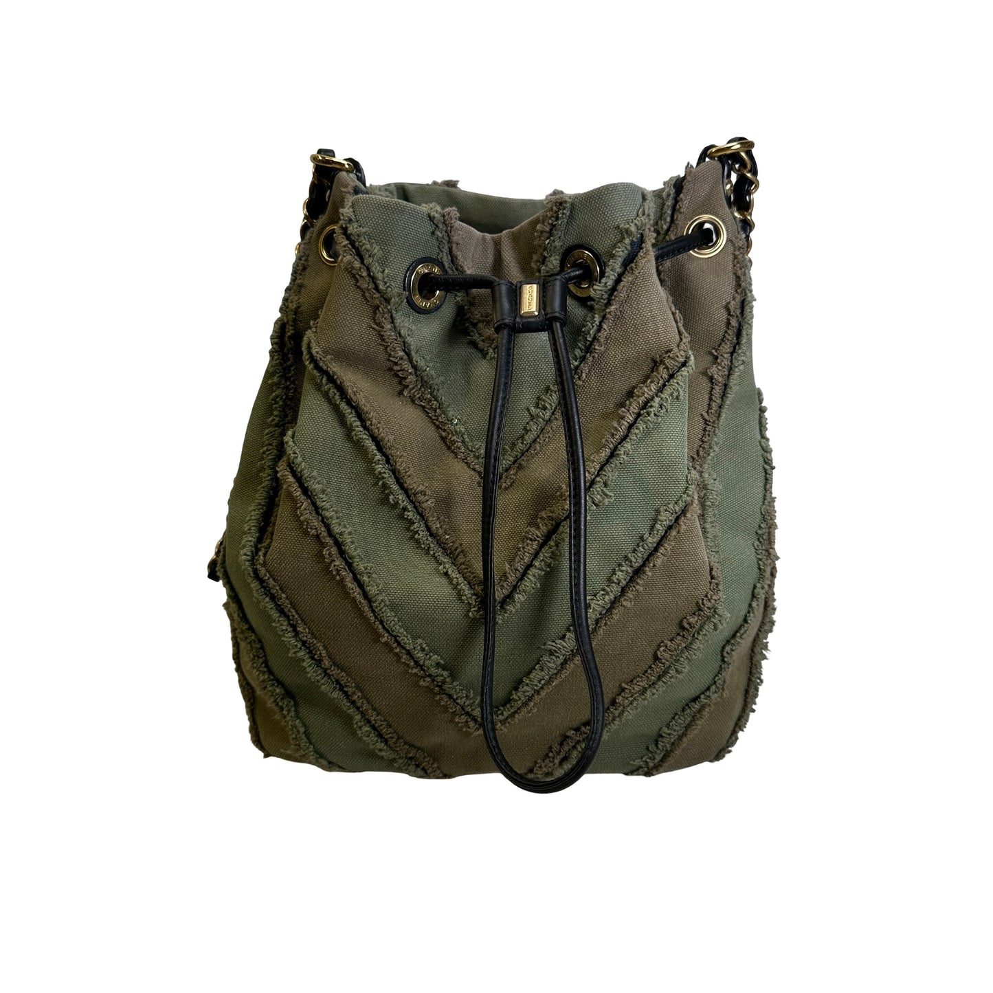 Used CHANEL Chevron Fringed Canvas Chevron Fringed Canvas Drawstring Bucket Bag Drawstring Bag Olive Green