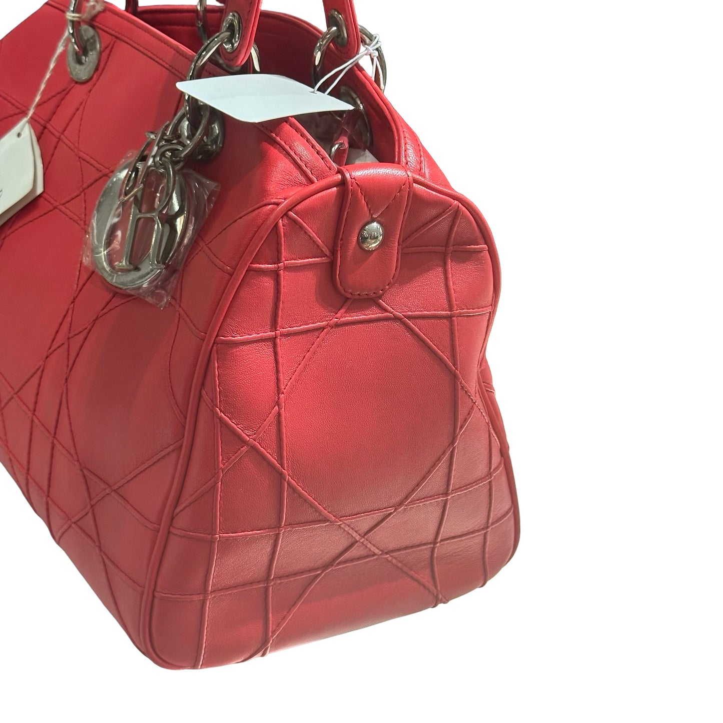 Used DIOR Lambskin Leather Cannage Granville Boston Two Way Shoulder Bag Red GHW