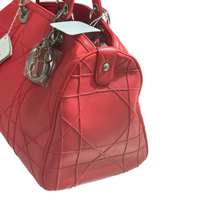 Used DIOR Lambskin Leather Cannage Granville Boston Two Way Shoulder Bag Red GHW