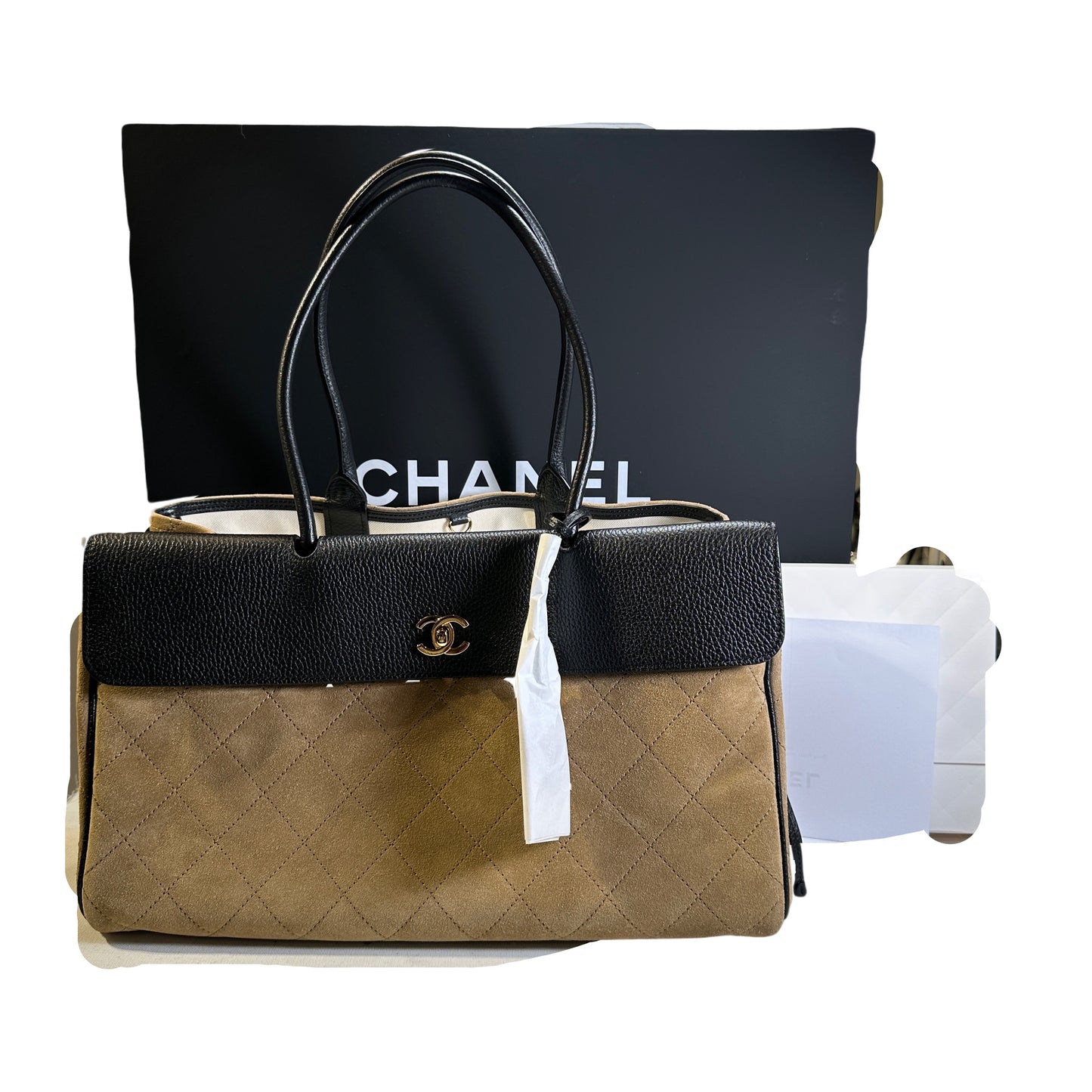 Brand New CHANEL Quilted Suede Caviar Deauville Tote Bag Beige Black Gold