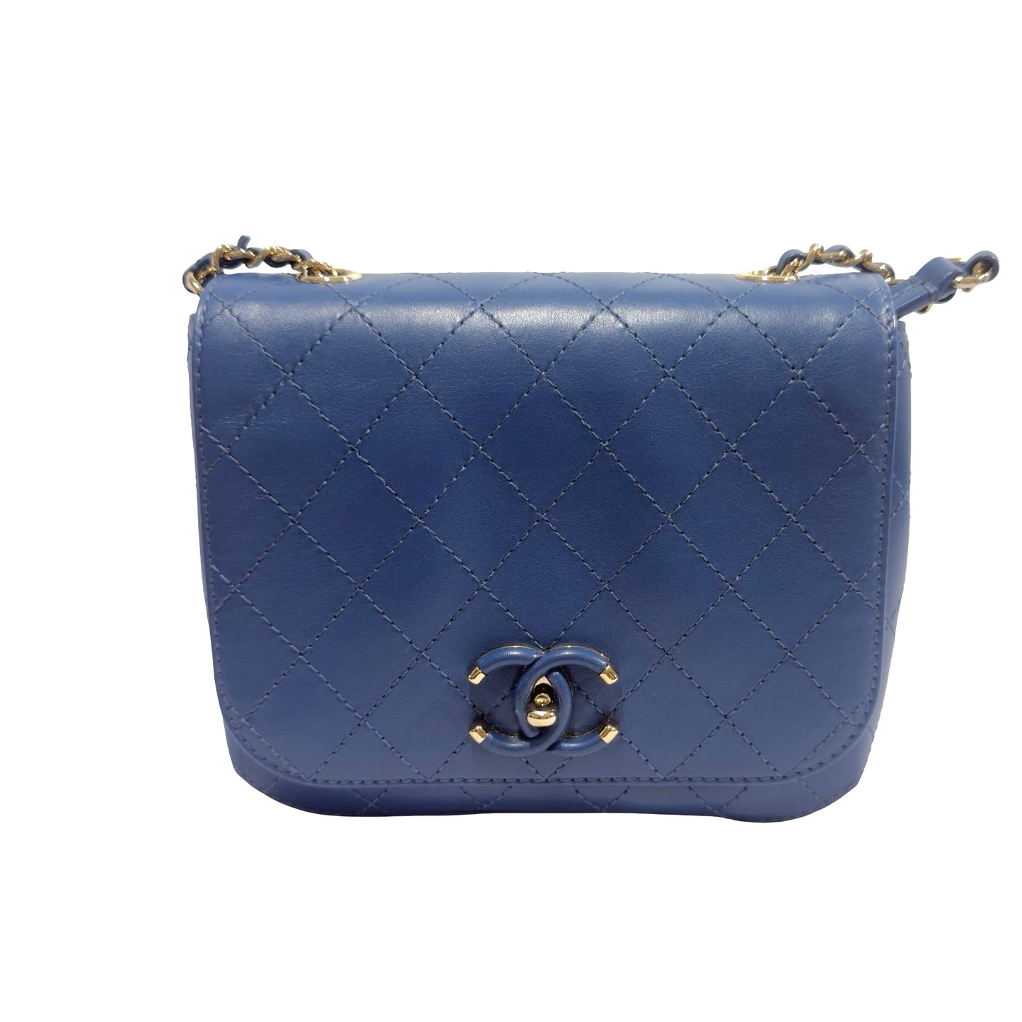 Used CHANEL Quilted Lambskin Quilted Crossbody Bag Chain Shoulder Bag Blue Gold Hardware