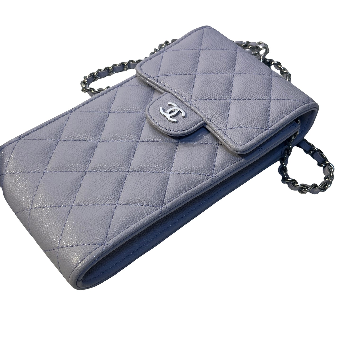 Used CHANEL Quilted Caviar Leather Classic Phone Holder with Chain Phone Bag Light Purple Silver Hardware