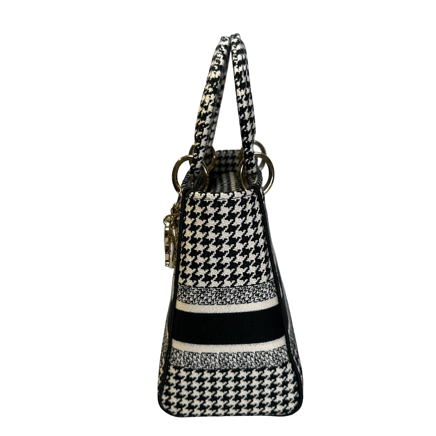 Used DIOR Houndstooth Embroidery Lady D-Lite Handbag Black White