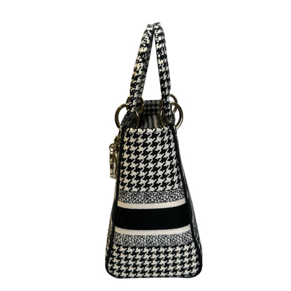 Used DIOR Houndstooth Embroidery Lady D-Lite Handbag Black White