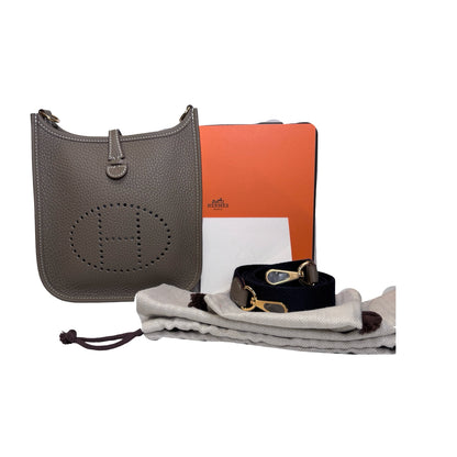 Brand New HERMES Clemence Leather Mini Evelyne 16 Cross body bag Etoupe BLEU INDIGO PHW