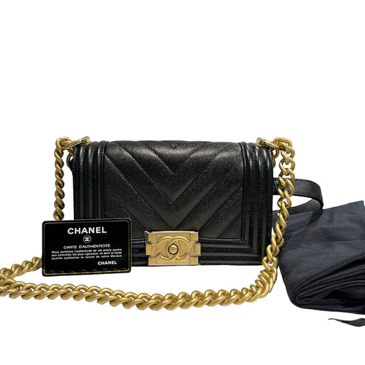 Used CHANEL Calfskin Leather Boy 20 V line Cross Body Bag Black GHW