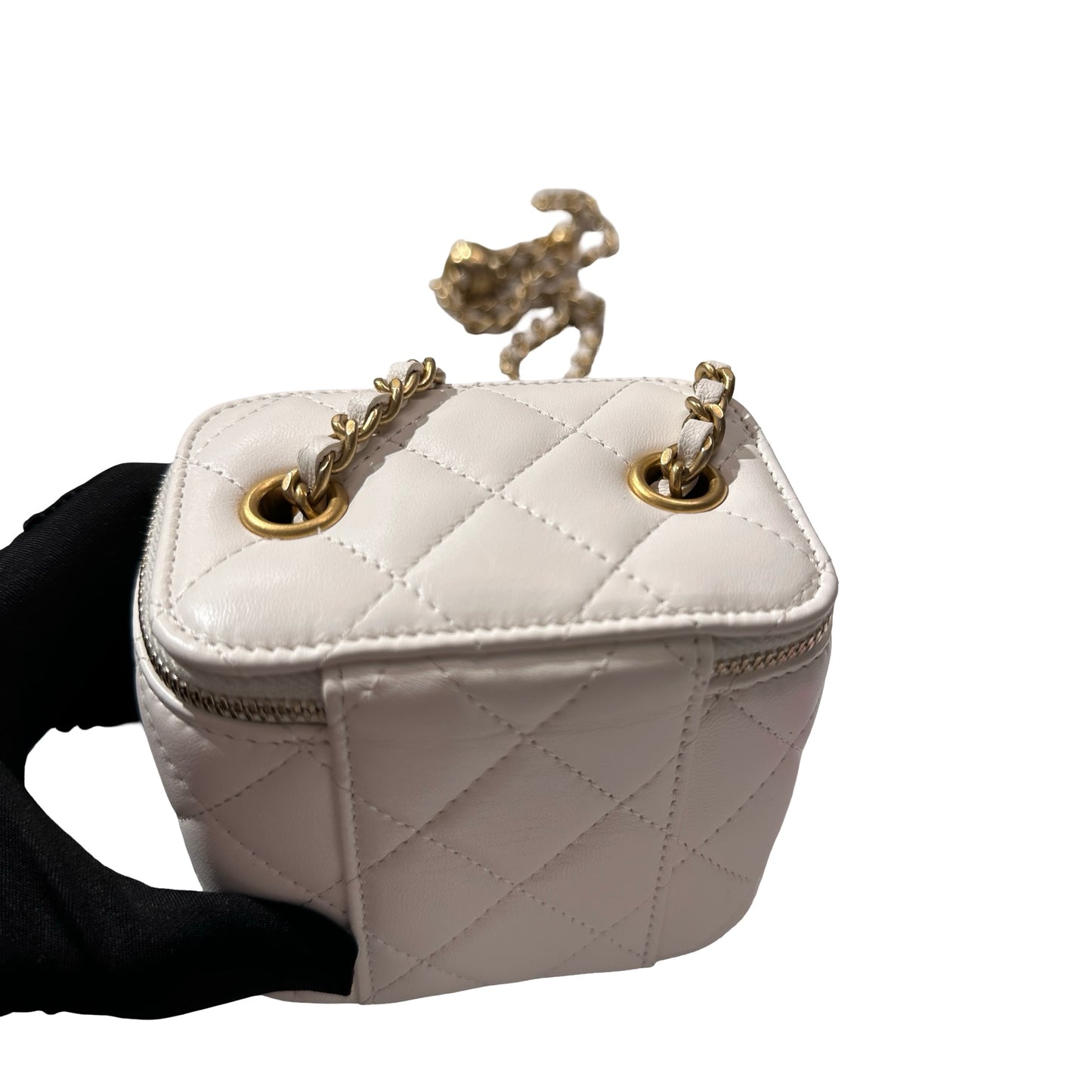 Used CHANEL Lambskin Leather Vanity Case with Gold Ball Cross Body Bag White GHW
