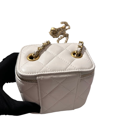 Used CHANEL Lambskin Leather Vanity Case with Gold Ball Cross Body Bag White GHW