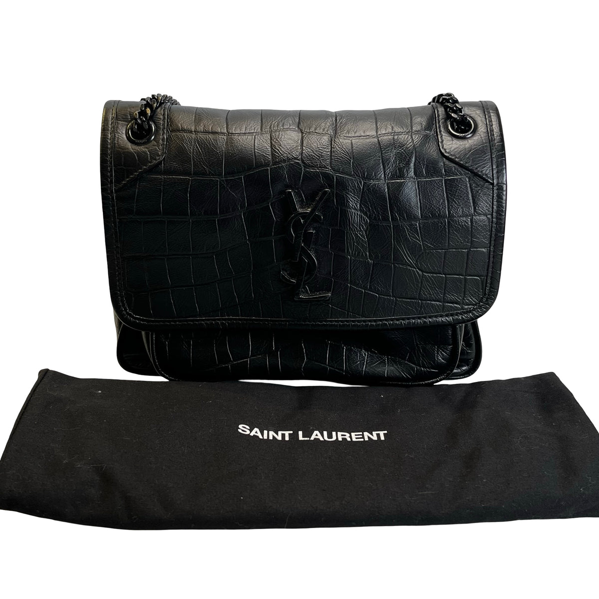 Used SAINT LAURENT Crocodile Embossed Leather Shoulder Bag Black